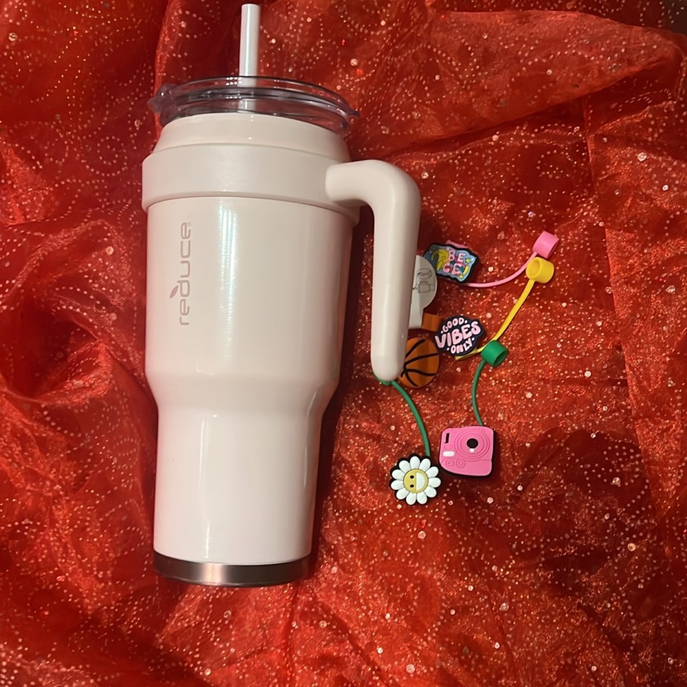 Reduce White Insulated Tumbler with Straw Choose 1 Straw Cover See Options